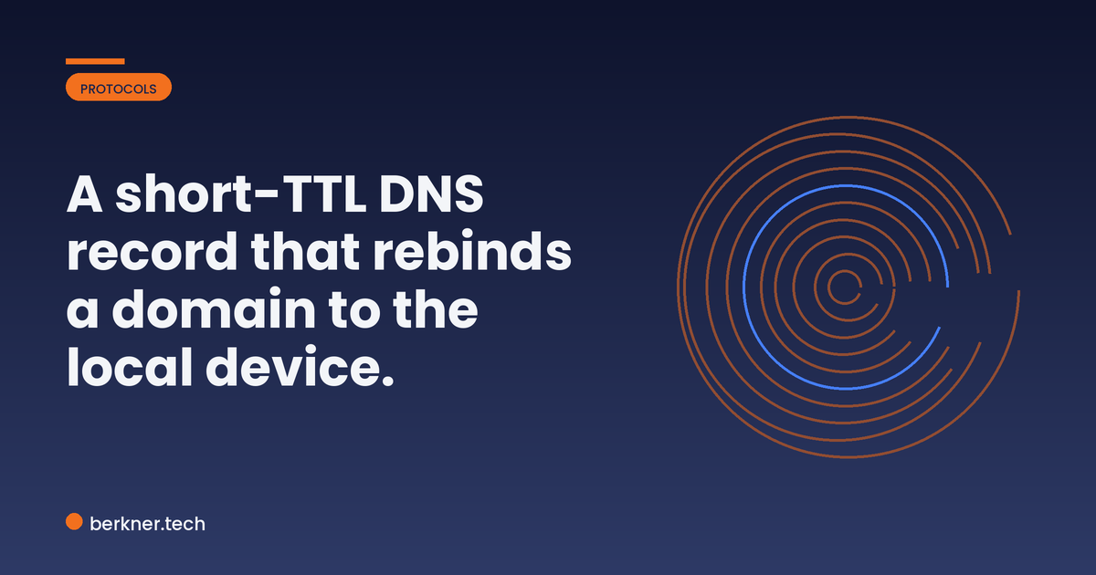 Anatomy of a rebinding DNS answer showing a short TTL that flips a domain to a local device IP