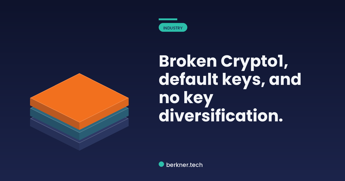 Three RFID access control weaknesses: broken Crypto1, default keys, and no key diversification