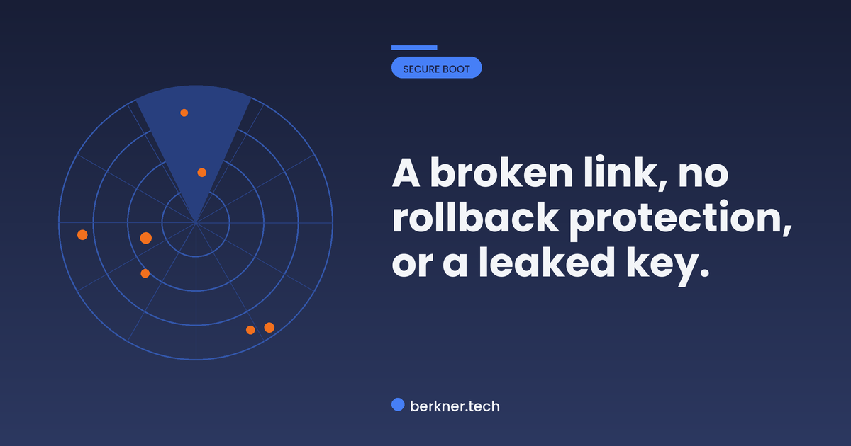 Three ways embedded secure boot fails: a broken link, no rollback protection, or a leaked signing key